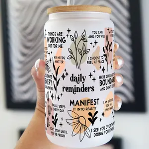 Sip-Sip Hooray! Daily Reminders 16oz Glass Can Cup with Lid & Plastic and Glass Straws – Mental Health Gifts, Positive Affirmations, Reusable Drinkware for Her Mug Water Bottles Printed Tumbler