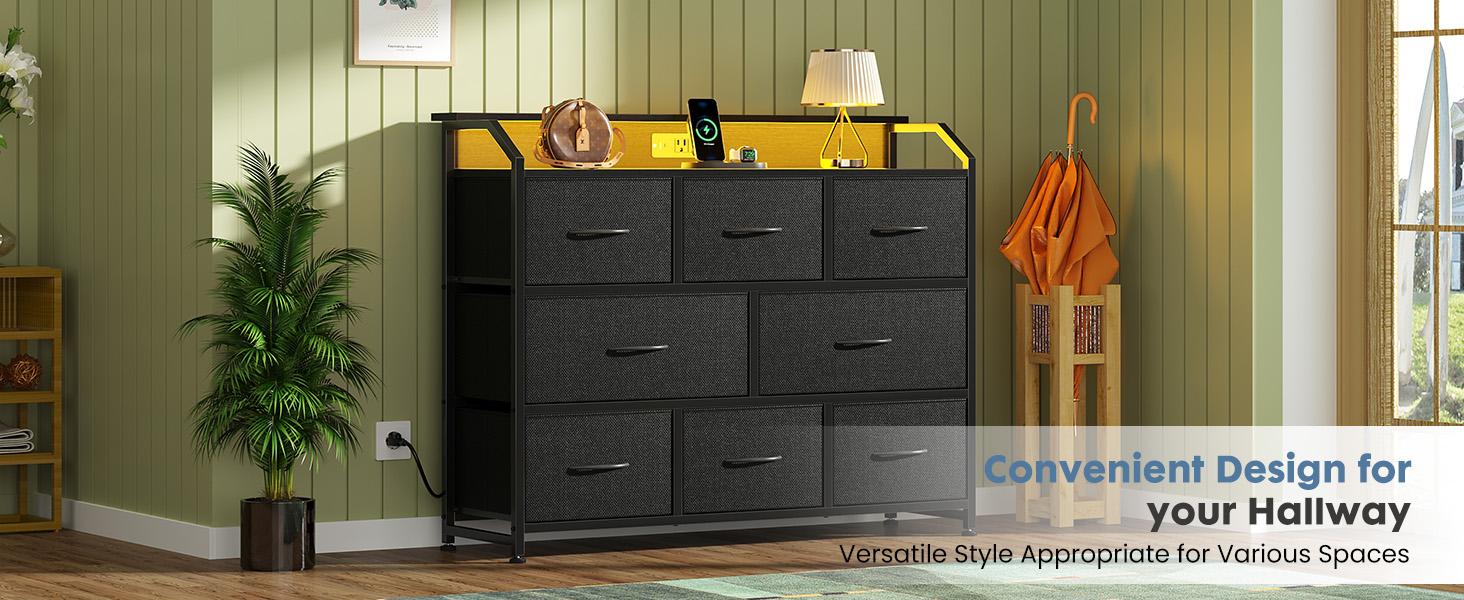 8 Fabric Drawers Dresser with Power Outlets LED Light, Multifunctional TV Stand Storage Cabinet for Bedroom, Living Room, Office, Hallway