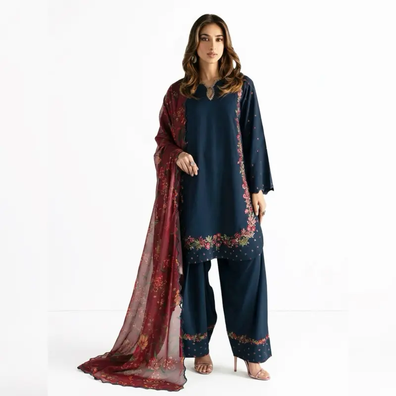 Women's Traditional Farsi Salwar Dress Shawl Set, Original Asian Clothes for Ladies, Navy Blue with Floral Embroidery and Red Trim, Casual Womenswear Outfit