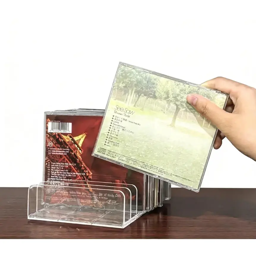 2 Pcs Transparent Acrylic CD Organiser Stands - Divided Organizer Racks & Displays with Compartment Shelf, Multi-Purpose Storage for CD/DVD/Vinyl Records, Holds Up to 14 Cases, Smooth