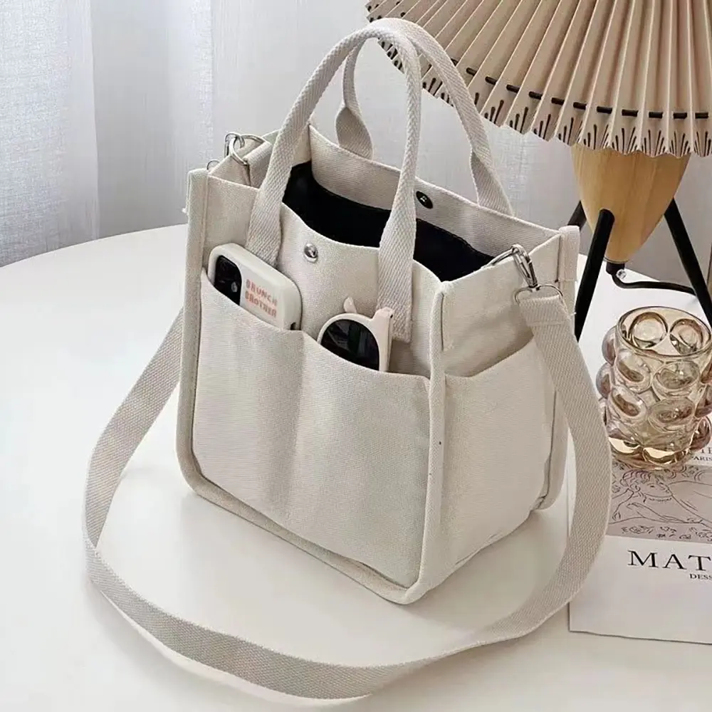 Mini canvas tote with magnetic closure, multi-pocket crossbody bag with top handle, portable lunch box organizer