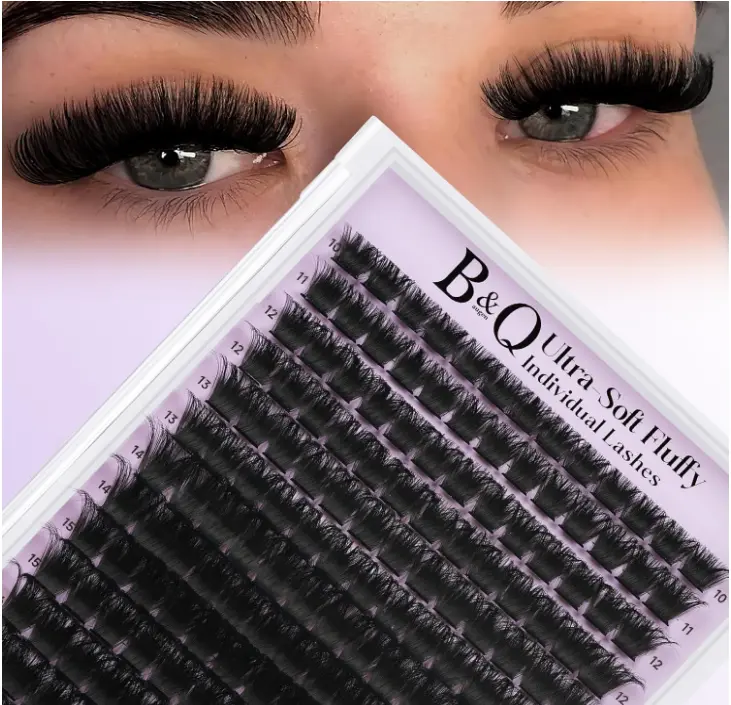 B&Q Fluffy Lash Clusters Thick 200D, Volume Eyelash Clusters 10-18mm, D Curl Cluster Eyelash Extensions, Supersoft Individual Lashes Wispy Cluster Lashes Dramatic Full Look Eyelash（200D）
