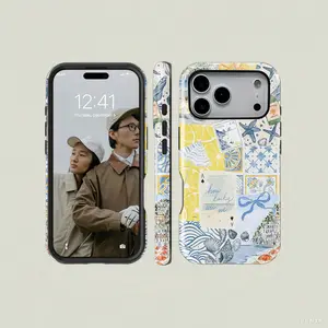 This protective case features a refreshing blue and yellow watercolor-style coastal seashell patchwork pattern. It's a durable 2-in-1 case compatible with iPhone 17/16/15/14/13/12/11 Pro Max/Plus/Pro and Samsung Galaxy S25/S24/S23 Ultra series.
