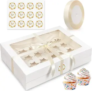 6PCS Mini Cupcake Box Holds 24 Mini Cupcakes White Bakery Boxes with Window Silk Ribbon Sticker included