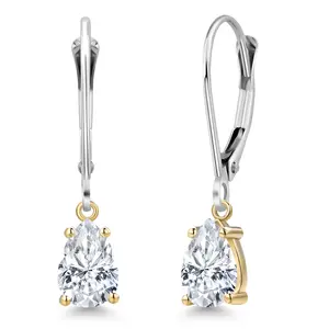 Gem Stone King 925 Silver and 10K Yellow Gold White Moissanite Dangle Earrings for Women | 1.34 Cttw | Gemstone Birthstone | Pear Shape 7X5MM