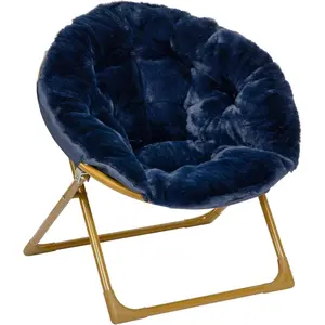Comfortable Mini Folding Saucer Chair - Navy Faux Fur Moon Chair - Soft Gold Metal Frame - 23" Portable Folding Chair for Living Room or Bedroom