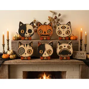 Vintage Halloween Decor Indoor, Halloween Cat Wooden Block for Shelf Decor, Skull, Black Cat, Primitive Halloween Decor, Housewarming Gift