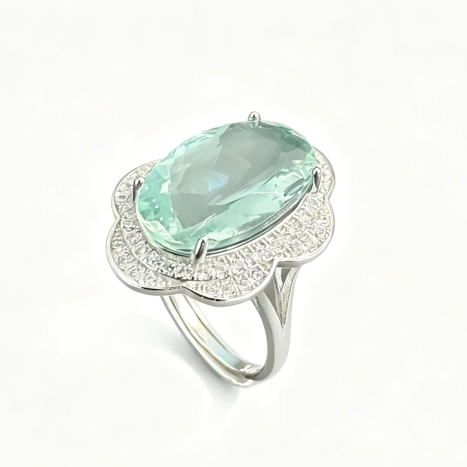 925 Sterling Silver Hand-Finished Adjustable Oval Cut 16×10mm Natural Green Fluorite Flower Halo Ring, Unisex Statement Piece for Anniversary, Birthday Gifts, Boosts Decision-Making & Enhances Concentration