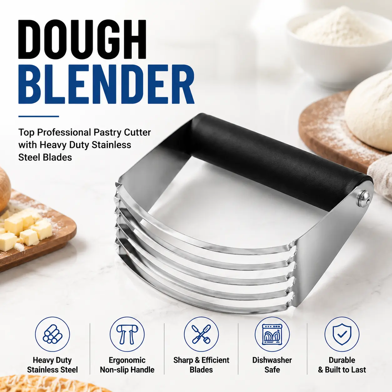 Professional Dough Blender, Heavy Duty Stainless Steel Pastry Cutter with 5 Blades, Butter Masher & Dough Mixer Tool for Baking, Pie Crust, Biscuits and Homemade Pastries
