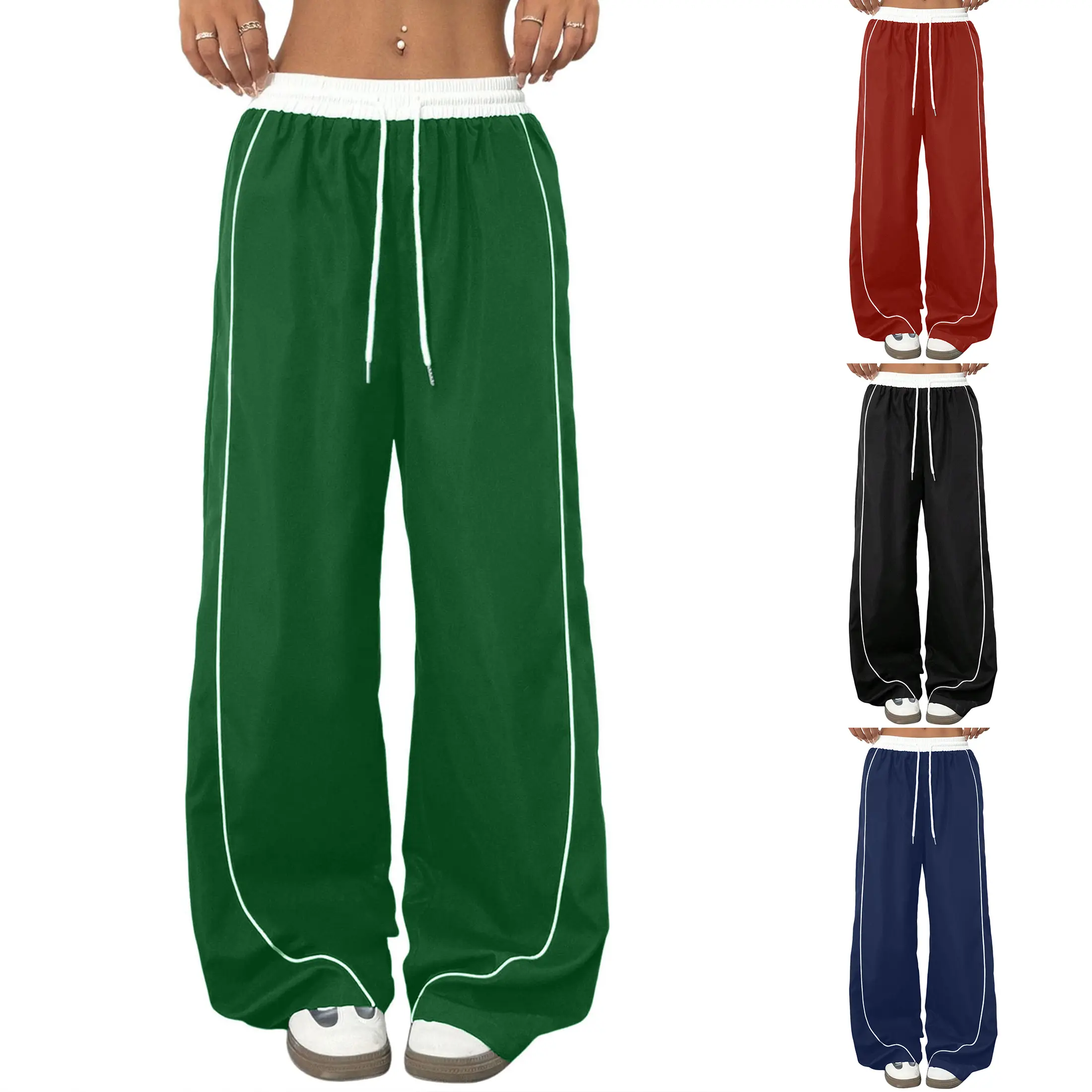 Bienmorn Women’s Parachute Pants Y2K Wide-Leg Cargo Sweatpants, Drawstring Waist Jogger Pants with Pockets