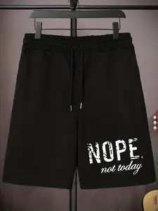Men'S Plus Size Casual Shorts, "NOPE not today" Print, Polyester 100%, Medium Stretch Knit Fabric, Drawstring, Regular Fit, 200g/m², Oversized Elastic Sports Pants for Big & Tall Guys - Spring/Summer