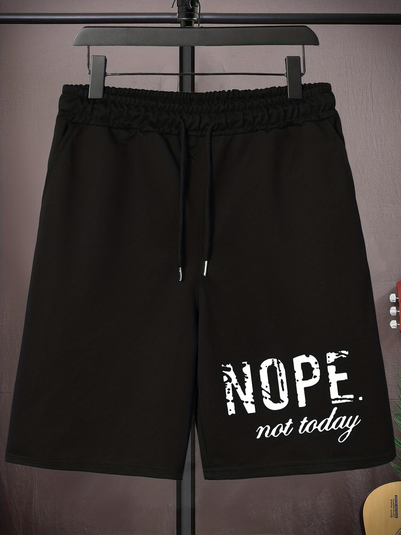 Men'S Plus Size Casual Shorts, "NOPE not today" Print, Polyester 100%, Medium Stretch Knit Fabric, Drawstring, Regular Fit, 200g/m², Oversized Elastic Sports Pants for Big & Tall Guys - Spring/Summer