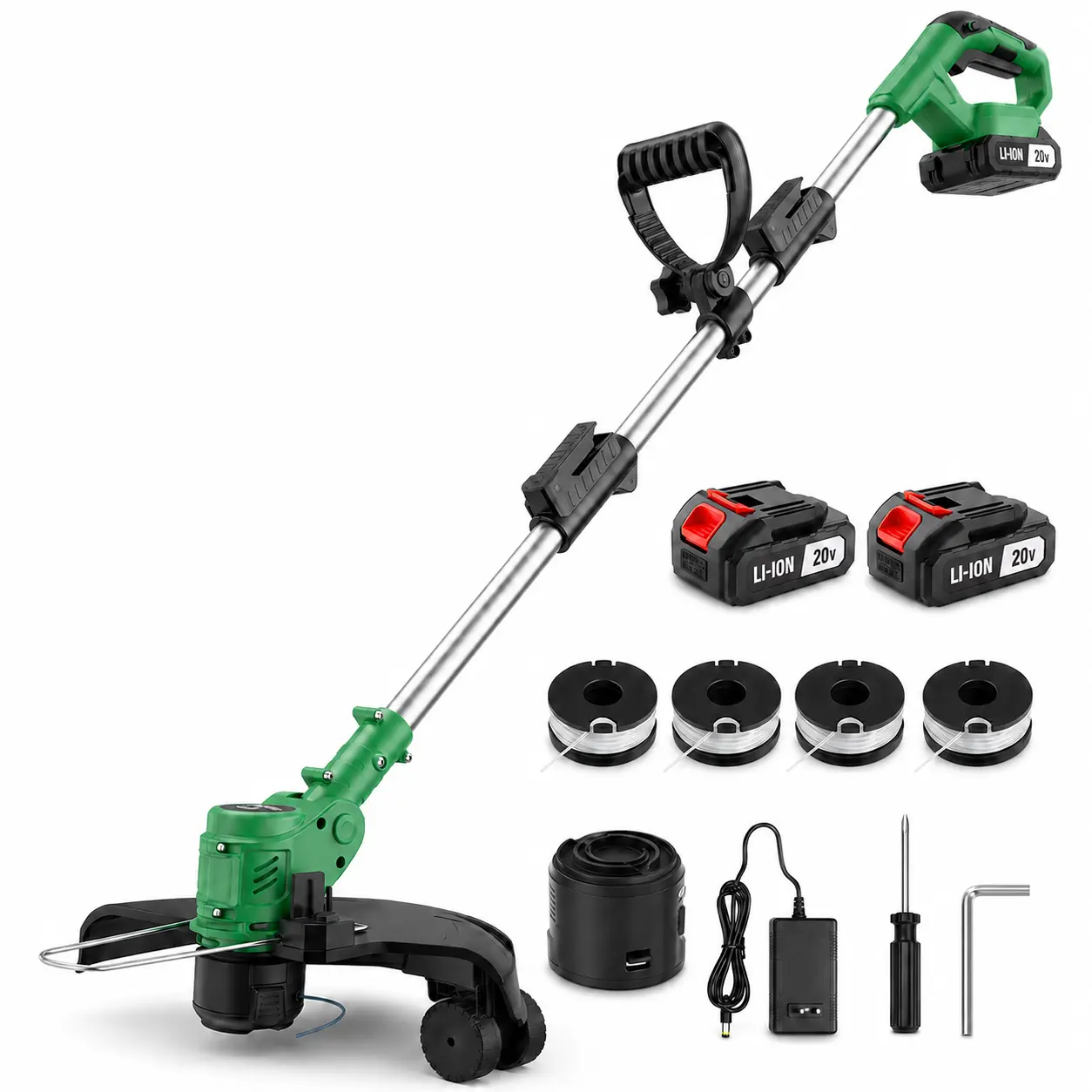 20V Cordless Li-ion Grass Trimmer Edger Kit,  Grass Cutting Tool with 2 Batteries, Spools, Charger, Adjustable Telescopic Shaft, Wheels Support for Lawn Edging  garden weeding