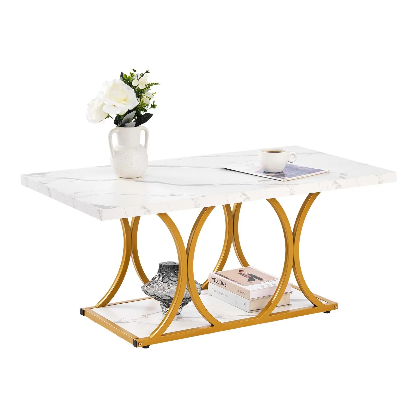 VEVOR Classic Faux Marble Coffee Table - 2-Tier Rectangle Living Room Furniture, Geometric Metal Legs, Sturdy Minimalist Design, White Gold Accent, Easy Assembly for Bedroom, Office