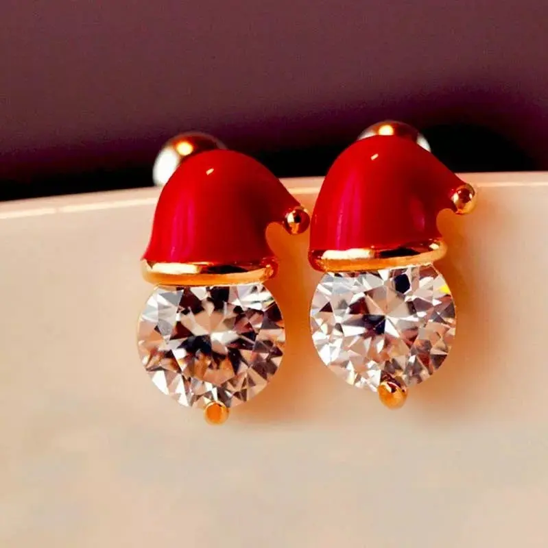 Christmas Santa Hat Crystal Stud Earrings Cute Festive Holiday Jewelry Gift