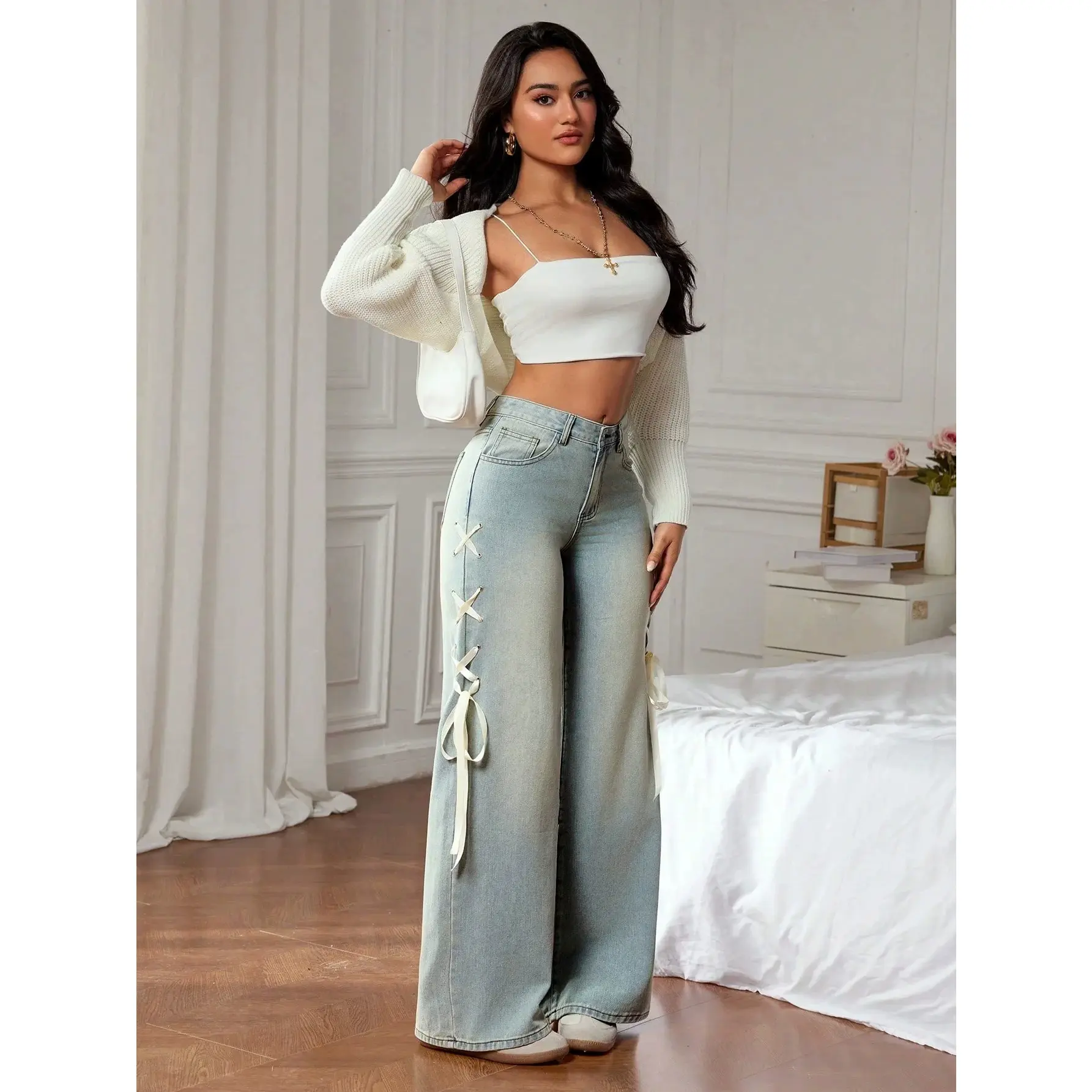 2025 Trendy Side Lace-Up Ribbon Elastic Jeans| Plus Size Women's Cute Loose Straight Leg Denim Pants| Y2K Aesthetic Big Size Casual Jeans