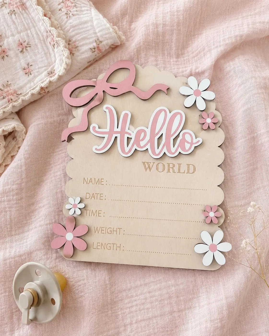 1pc Natural Wood Customizable Baby Birth Announcement Plaque - Cute Home Decor, Lightweight Daisy Raised Flowers, Bows, Hello World & She’s Here Newborn Hospital Photos Prop, Pink Floral Nursery Keepsake