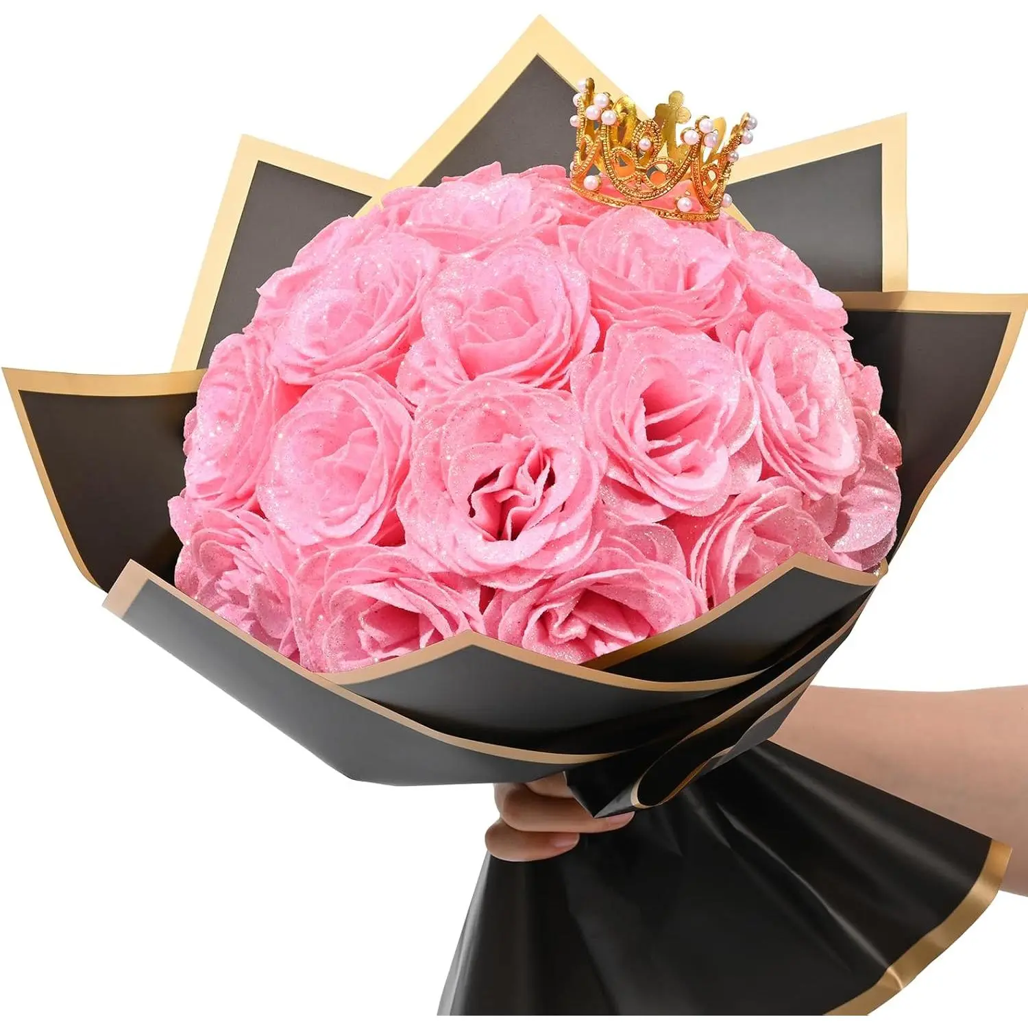 24-Piece Pink Glitter Artificial Flower Bouquet, DIY Colorful Decor Ornaments, Everlasting Shiny Gift for Valentine's Day, Anniversary