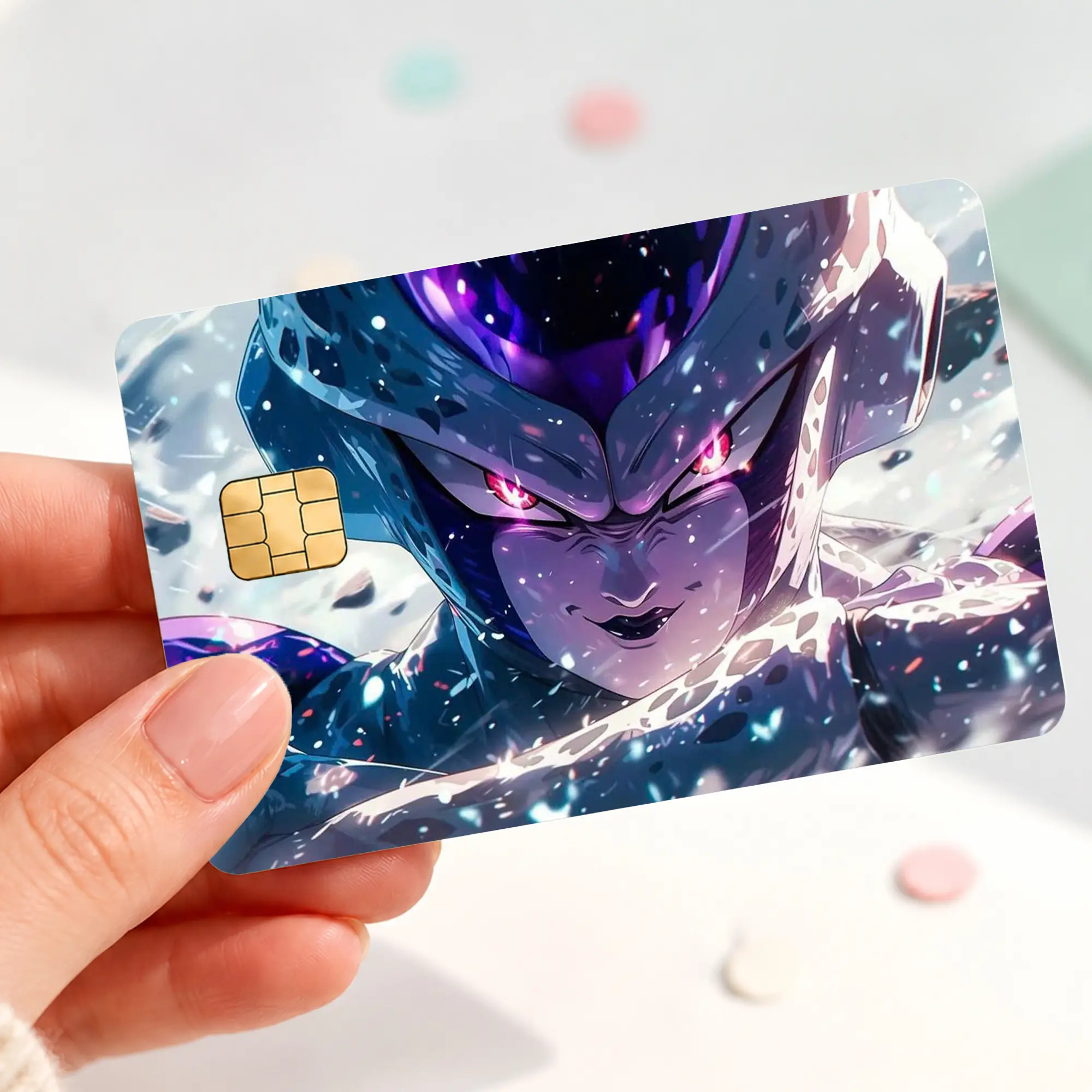 Dark Anime Villain Credit Card Skin, Purple Energy Aura Debit Card Sticker, Evil Warrior Manga Inspired Bank Card Cover, Glowing Eyes Anime Card Skin