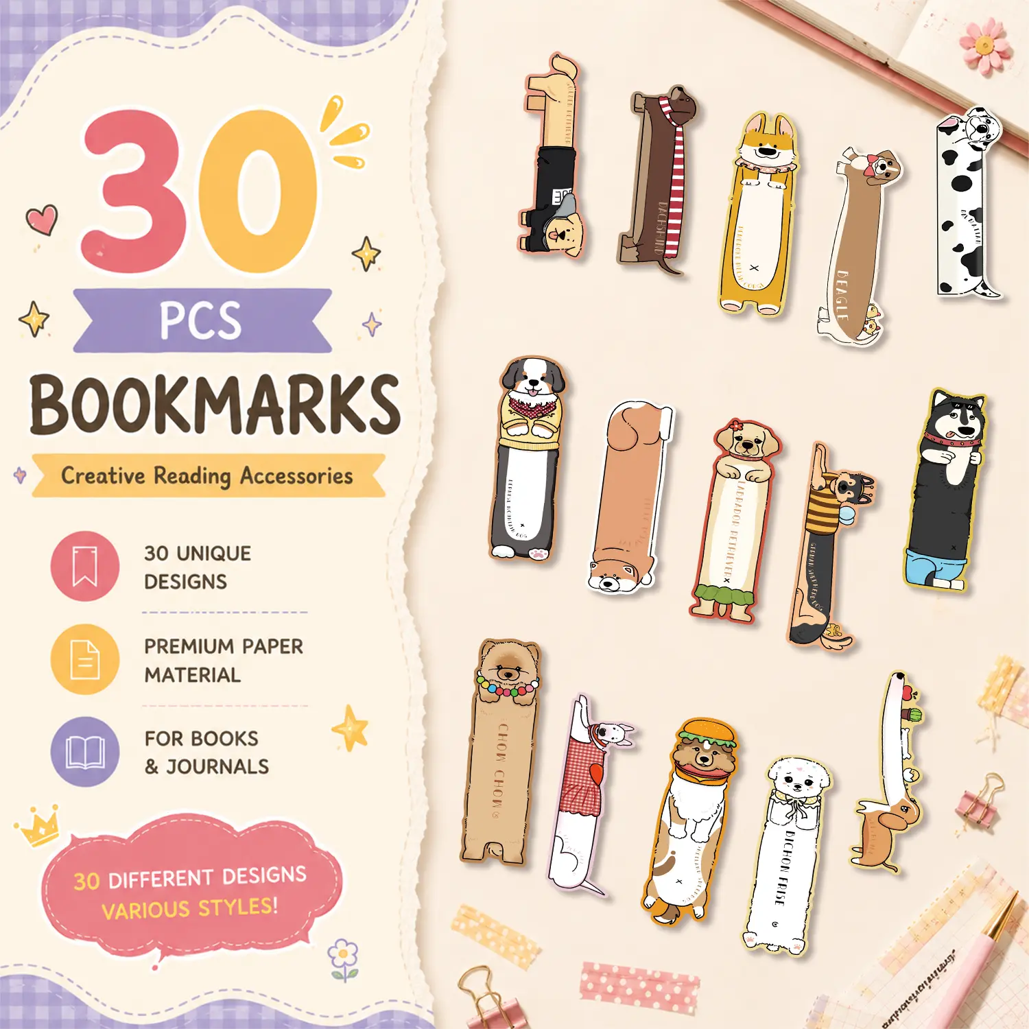 60PCS Cute Animal Paper Bookmarks Set - Cartoon Page Markers with Decorative Design for Books, Office & Home Use, Office Stationery for Marking Journals, Planners, Adorable