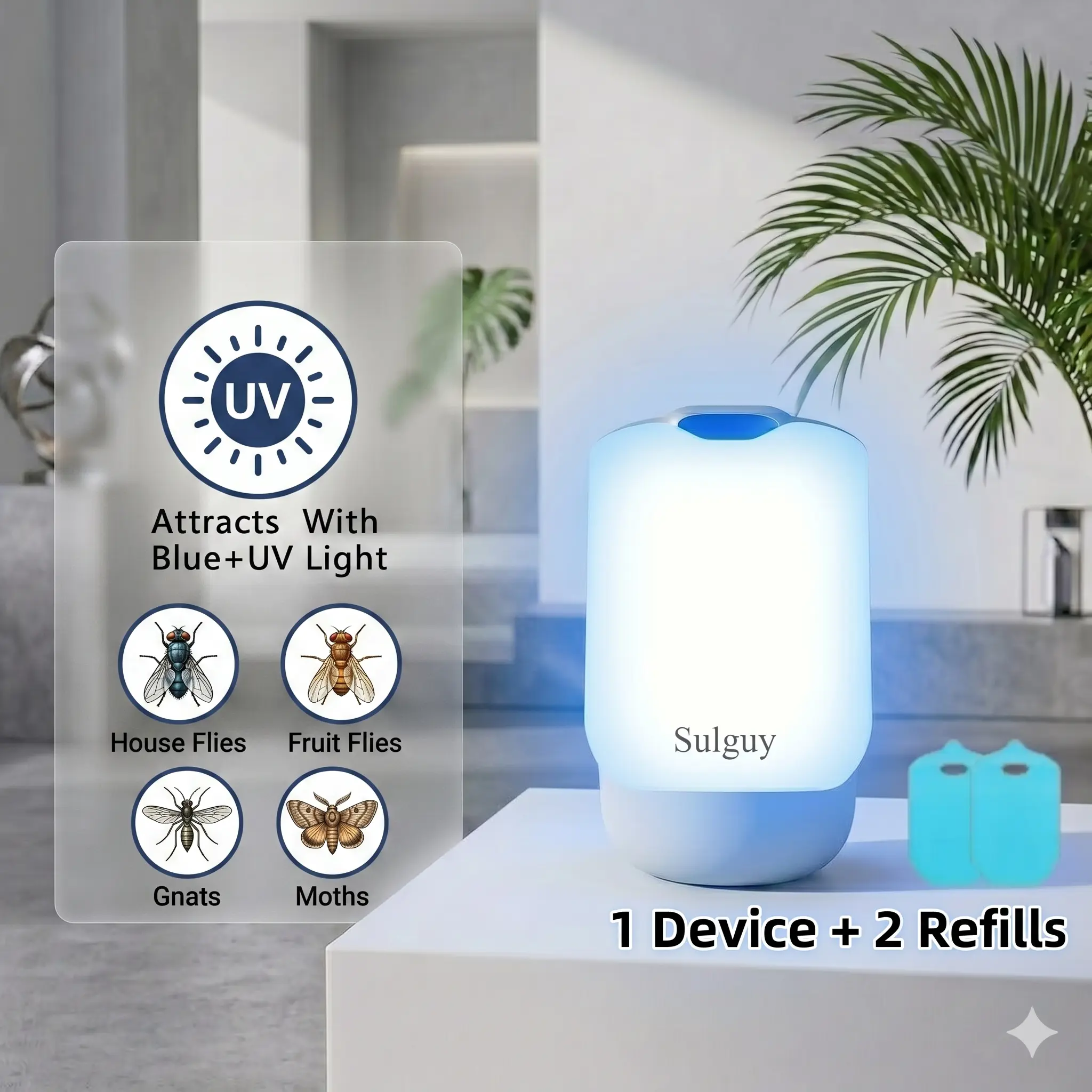 Sulguy Flying Insect Trap (1 Stater & 2 Refill Cartridges), UV Light Indoor Bug Catcher for Gnats, Fruit Flies, Mosquitoes, and Moths, Plug-in Fly Trap for Home, Kitchen, Living Room