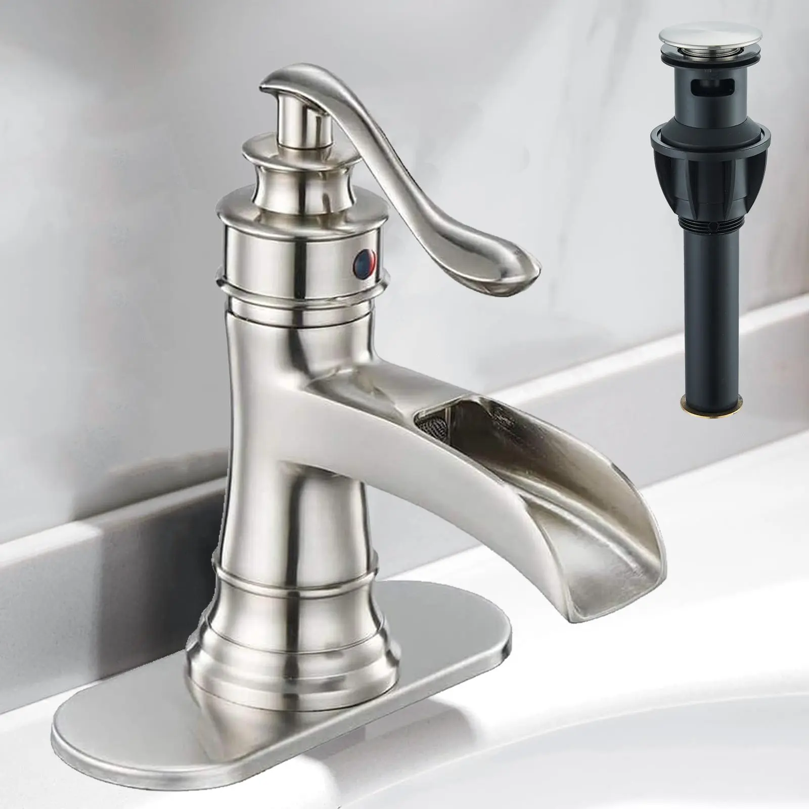 Bathroom Sink Faucet Waterfall Single-Handle Bathroom Sink Faucet 1-Hole Farmhouse Faucets for Lavatory Vanity with Pop-Up Drain Parts and Overflow Brushed Nickel