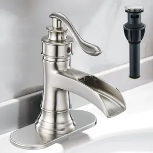 Bathroom Sink Faucet Waterfall Single-Handle Bathroom Sink Faucet 1-Hole Farmhouse Faucets for Lavatory Vanity with Pop-Up Drain Parts and Overflow Brushed Nickel