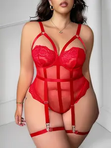 Women's Plus-Size 4-Piece Elegant Satin Lingerie Set - Red Christmas Style Lace Patchwork Mesh Hollow-Out Sexy Jumpsuit with Steel Ring, Leg Ring, Belt, Comfortable Bridal Basic Minimalist Design