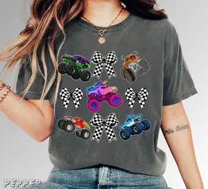 Family Monster Truck Comfort Colors Shirt, Matching Race Day Tees For Family, Checkered Bows And Flags Design, Racing Lover Gift Idea