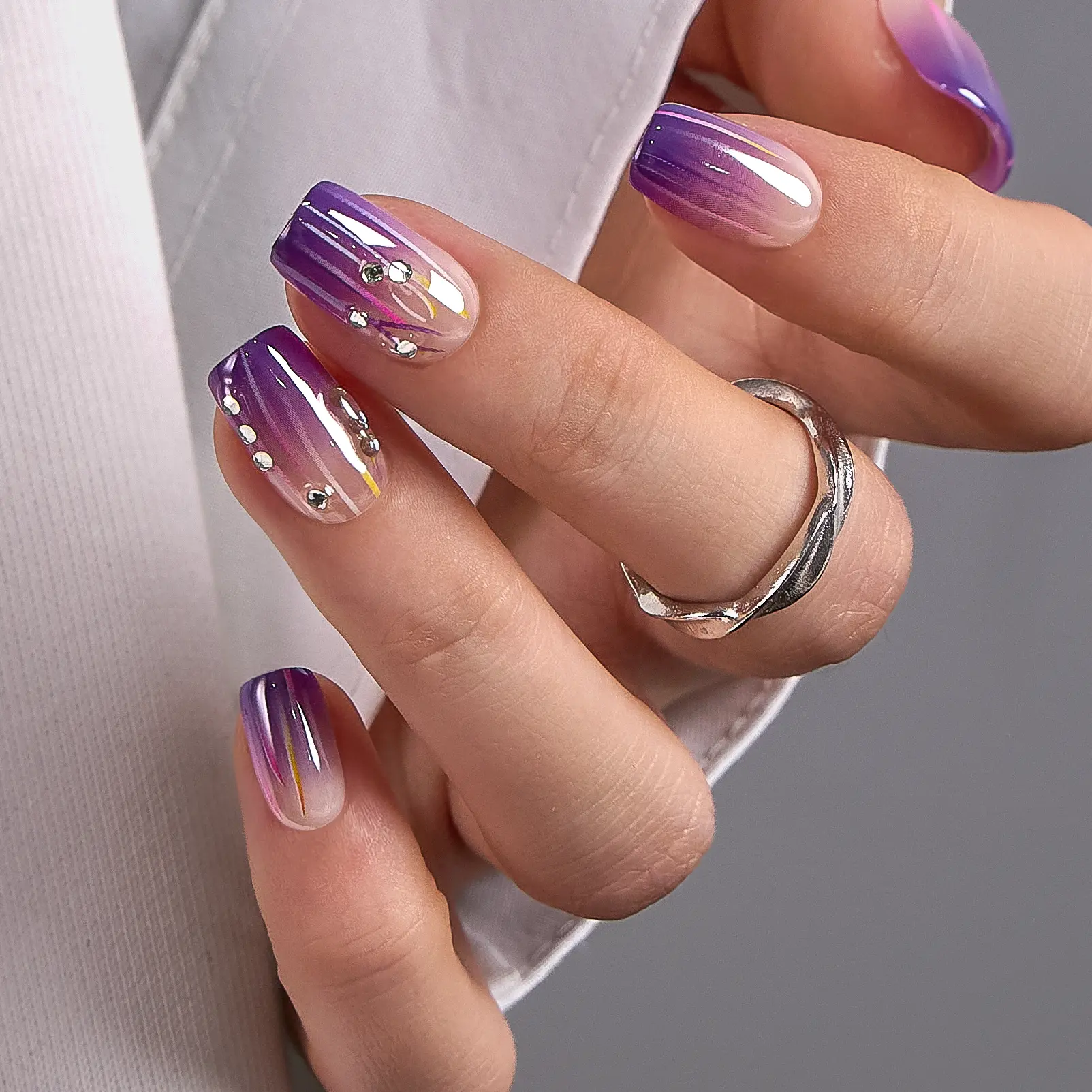 Aurora Shine Gradient Press-On Nails – Nude to Purple Ombre with Iridescent Stripes and Rhinestone Accents, Long-Lasting Reusable Square Tips, Easy to Apply, Perfect for Parties, Weddings, Festivals, and Elegant Everyday Chic Manicure Styles