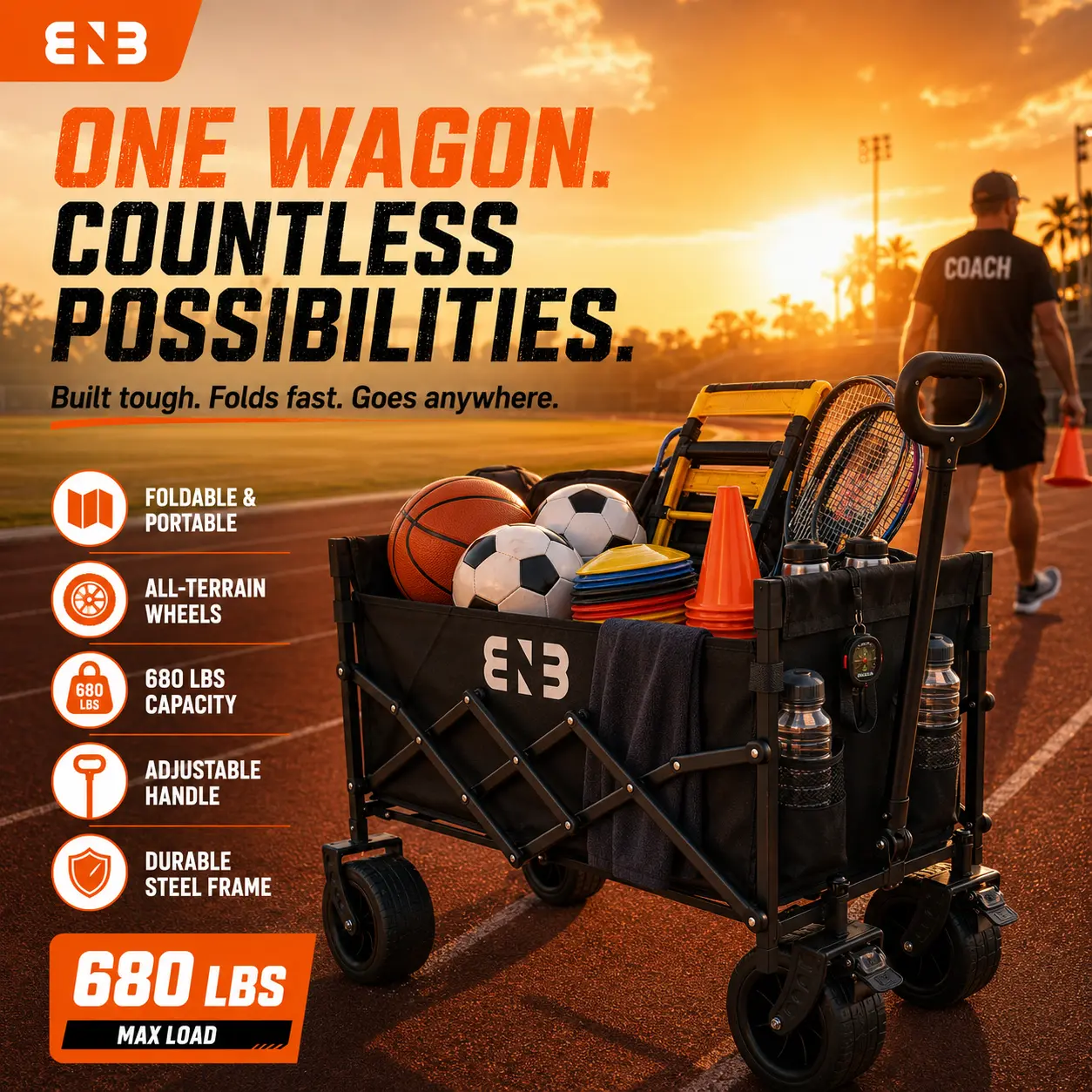 ENB 680LBS Heavy Duty Track & Field Equipment Wagon, Foldable Athletic Gear Transport Cart With 360° All-Terrain Wheels, Adjustable Handle & 600D Oxford Fabric For Coaches, Teams, Training & Meets
