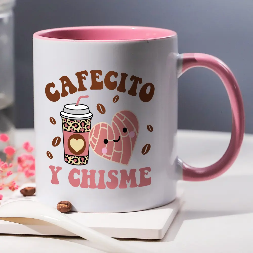 11oz Glossy Ceramic Coffee Mug - Reusable Latina Gift Drinkware with Cafecito Y Chisme Quote, Cute Concha & Leopard Print, Funny Mug, Aesthetic Coffee Cups, Drinkware Must Haves