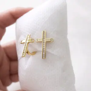 14K Gold Plated Cross Huggie Earrings with Zirconia – Elegant & Sparkling