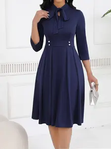 Summer Belted Waist A-Line Solid Fitted Dress, Elegant Formal Modest Office Wear, Suitable for Church, Wedding, Business Meetings, Daily Office, Slimming and Concealing