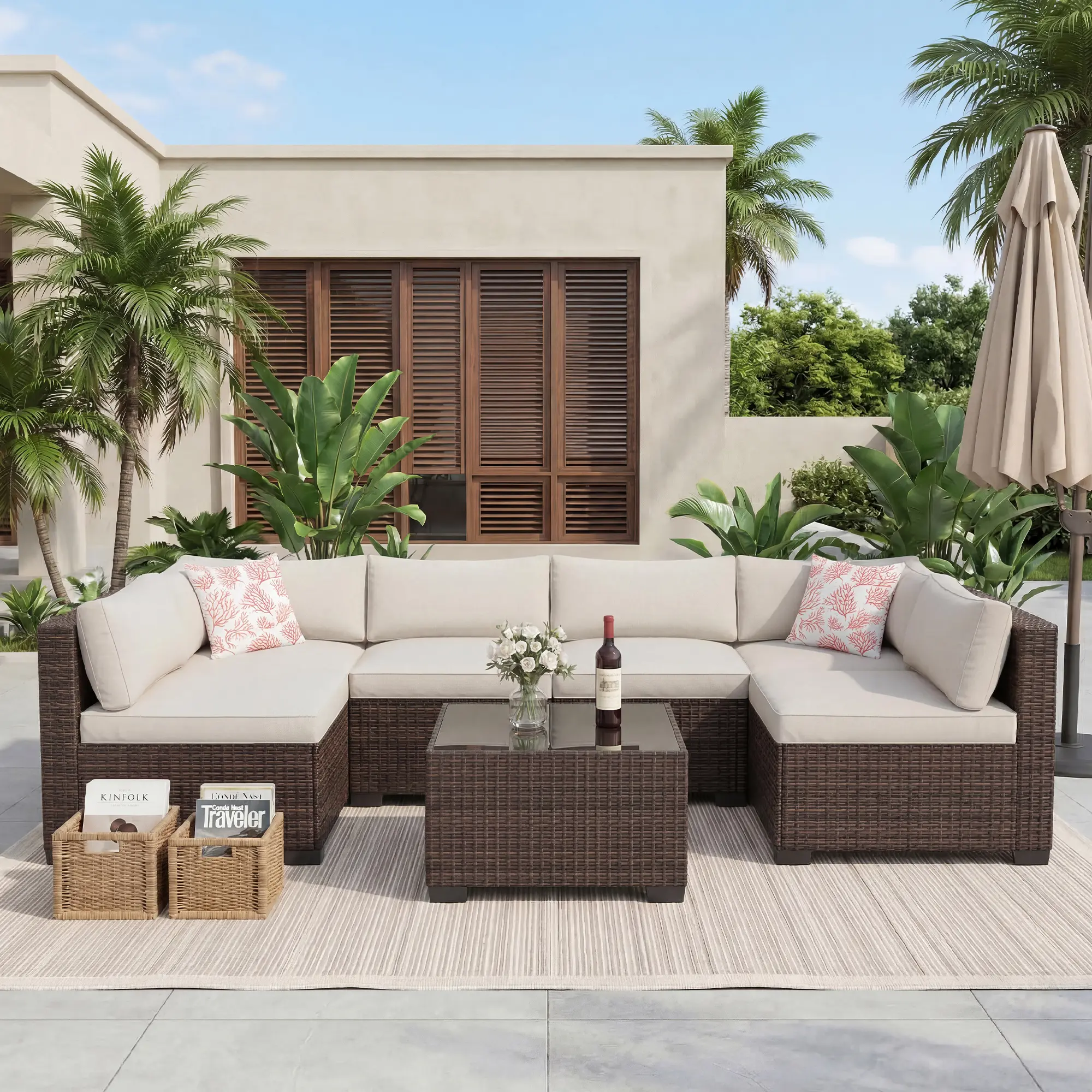 7 Piece Outdoor Patio Furniture Set with Coffee Table, Modular Sectional Rattan Wicker Sofa Conversation Set with Washable Thick Cushions, All Weather UV Resistant Seating for Garden Deck Poolside Backyard Balcony Porch