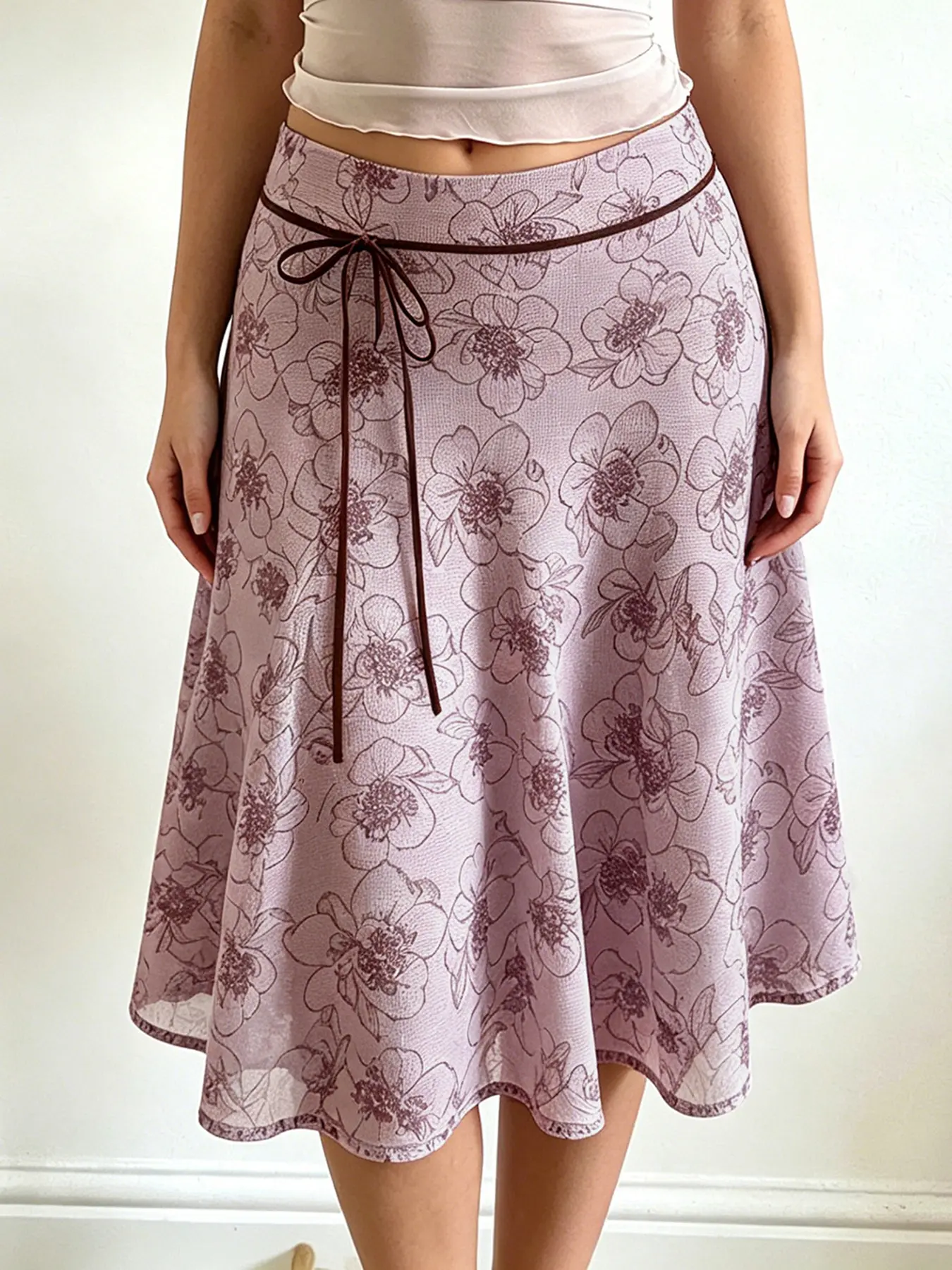 Vintage Casual Holiday Mesh Knee Length Skirt, Summer Elastic Low Waist Tie Floral Print Side Zipper Loose Fit A-Line Women's Elegant Bottoms