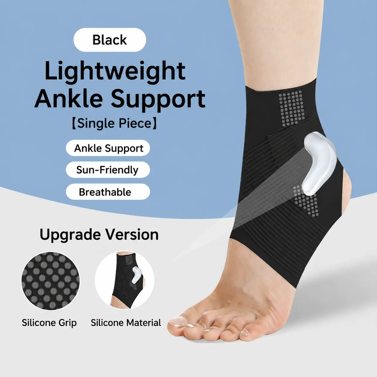 Ultra-Thin Adjustable Ankle Support Sleeve with Silicone Grip, Lightweight Breathable Compression Wrap for Walking, Running, Fitness Training and Everyday Wear, Black L/XL