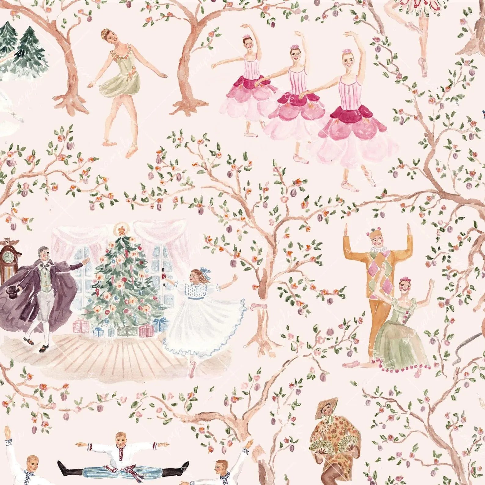 Vintage Ballet Tree Wrapping Paper Christmas, Fairytale Character Gift Wrap, Enchanted Holiday Gift Wrap Wrapping Paper