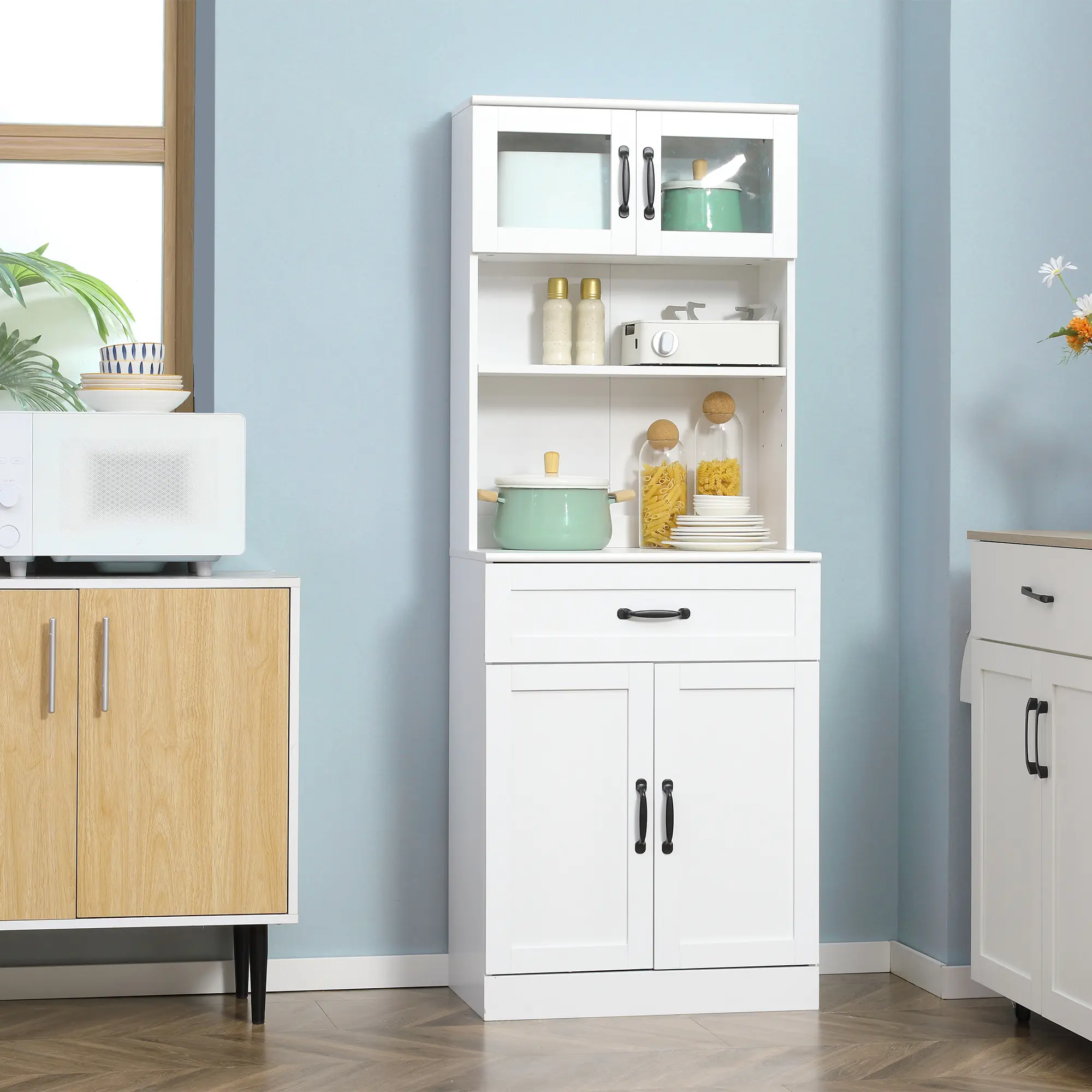 White Tall Kitchen Storage Cabinet Glass Doors Display Dishes 2 Bottom Cabinets Adjustable Shelving for Cereal Boxes for Rv Camper Tiny House Kitchen Extension Assembly