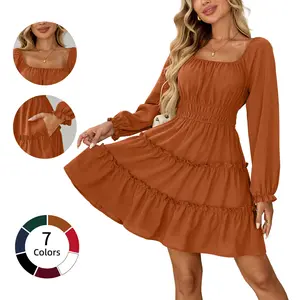 Chicovar Women's Square Neck Boho Mini Dress – Long Sleeve Smocked Waist Tiered Ruffle Dress with Pockets, Cute Lantern Sleeve for Spring Wedding Guest, Family Photos, Church, Valentine's Day, Westernfashion