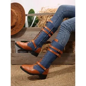 New Vintage High-Top Knight Boots for Women, Elegant Boots, Fashion Western Style Lace-Up Long Boots Above Knee, Casual Fall & Winter Shoes