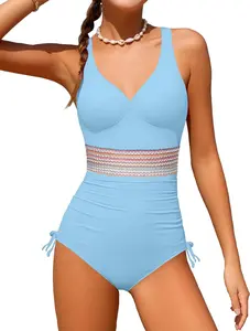 Girls Swimsuit Criss Cross One Piece Swimsuits Wrap Tie Back Sheer Mesh Bathing Suit with Gold Metal Swimwear 9-16Y