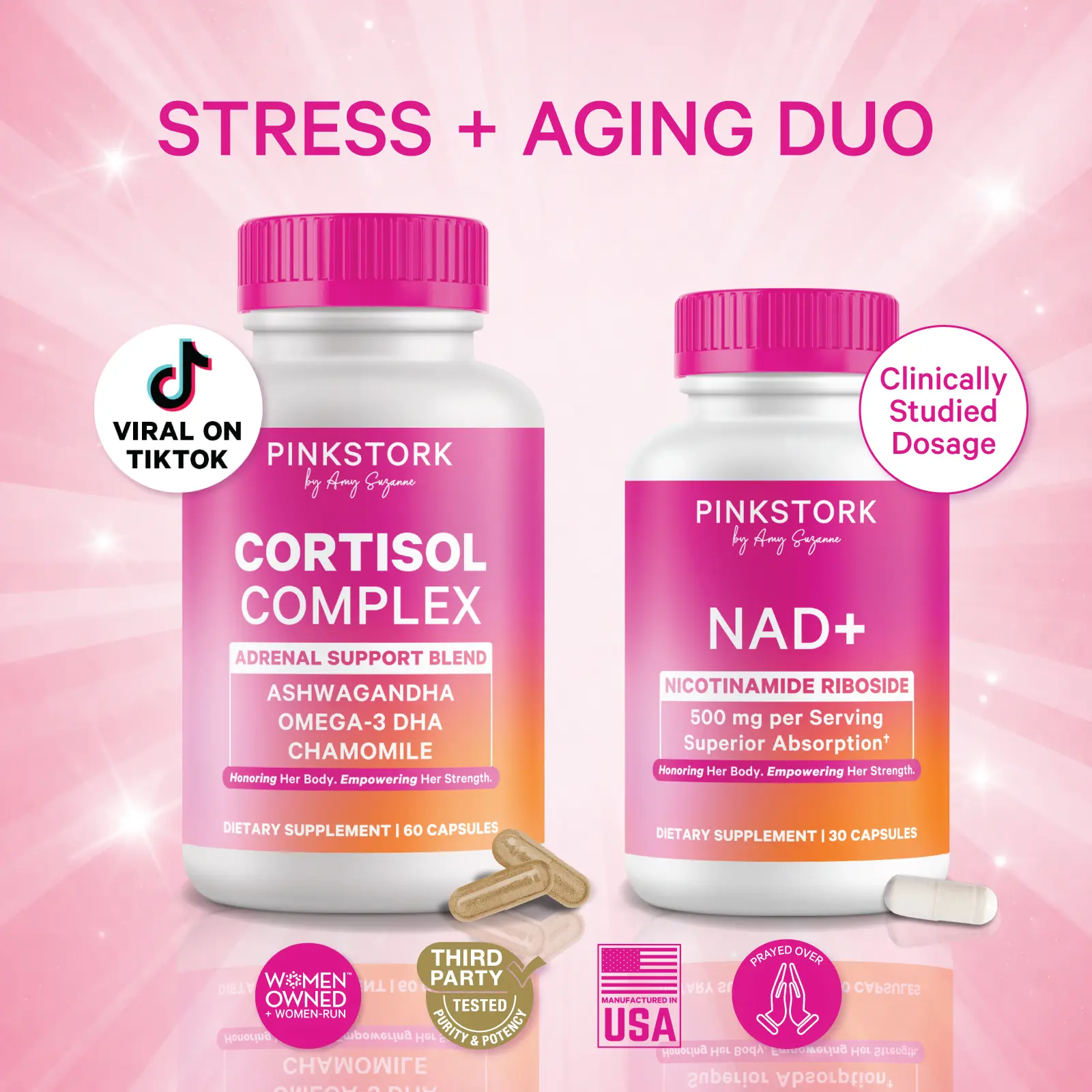 Pink Stork Stress + Aging Duo | Cortisol Supplements + NAD for Women | for Adrenal Support and Brain Health