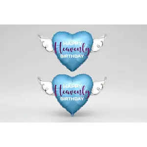 Blue Happy Birthday 17" Heart Balloon with Angel Wings Purple Script – 2 Balloons Included