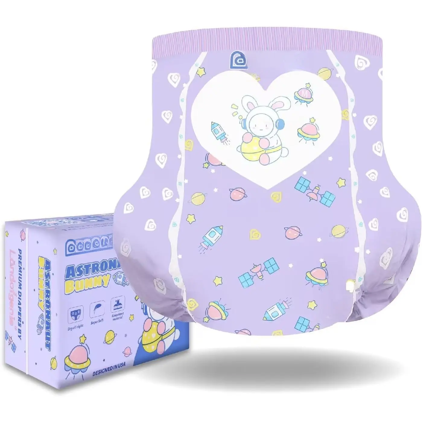 Adult Diapers  Underwear Large Overnight Printed Diapers with Tabs 10 count - Astronaut Bunny (Medium 28"-38")