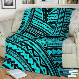 Polynesian Tribal Geometric Pattern Throw Blanket - Soft Flannel All-Season Multi-Use For Sofa Bed Car Camping Office - Machine Washable Cozy Gift In Black & Turquoise, Throw Blanket For Couch, Versatile Travel Accessory, Easycare Fabric, Chic Decor, Dura