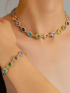 2 pieces of colored gemstone necklace and bracelet set with rhinestones, elegant heart shell rhinestone necklace, suitable for daily wear, parties, and festive casual jewelry Trendy jewelry set