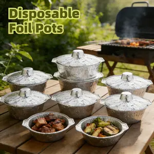 6/12 Pcs Disposable Tin foil pot Pots with Lids, 121.7 oz Round Heavy Duty Foil Pans, Food Grade Disposable Cookware Food Containers for Camping, Baking, Cooking, Heating, Vacation Trips