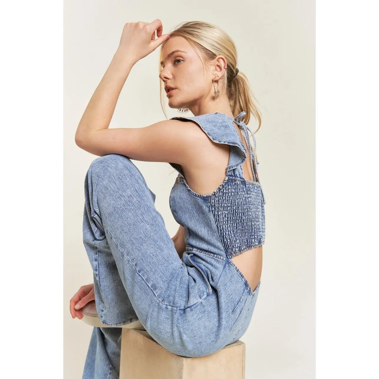 Ruffled Open-Back Denim Jumpsuit
