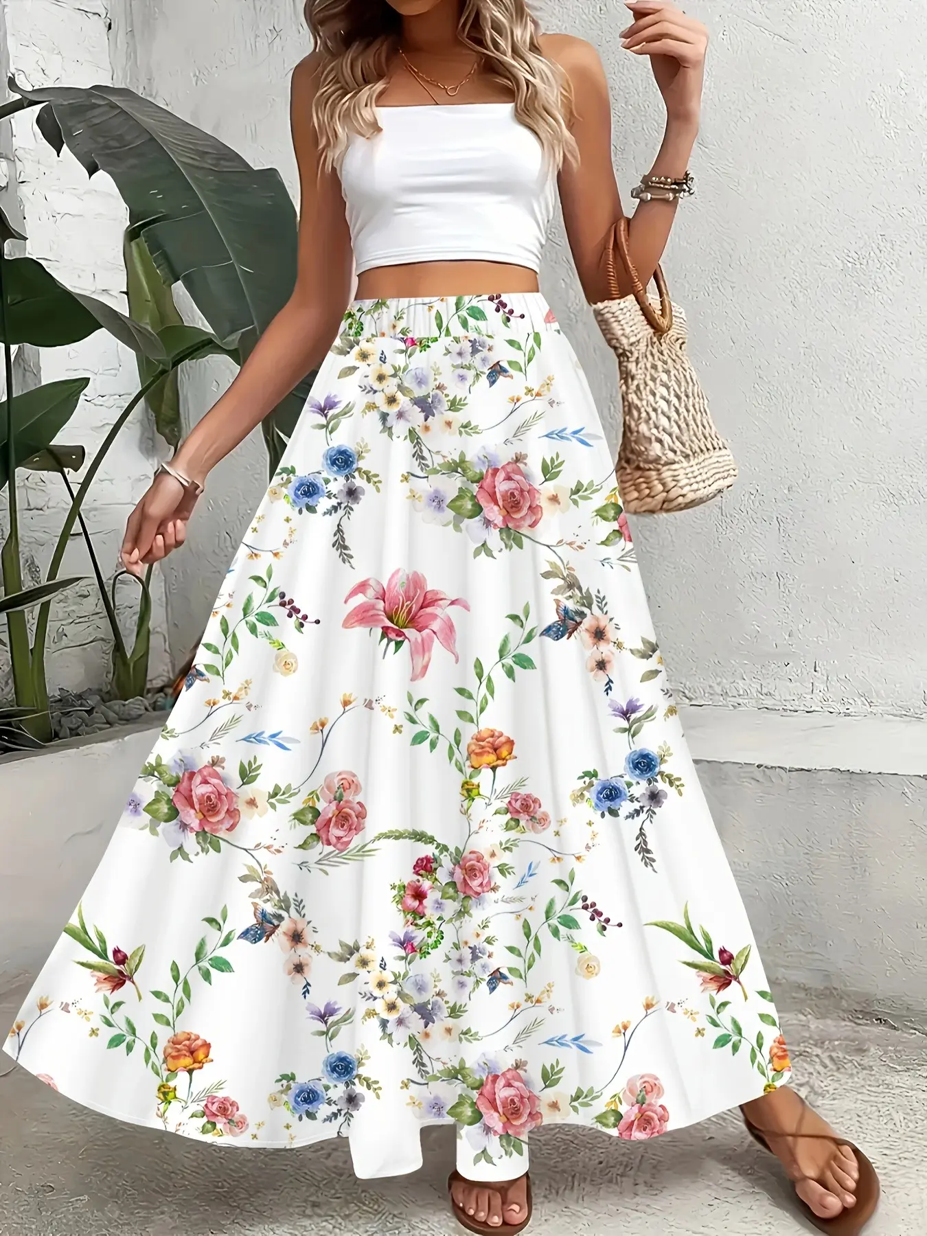 Ladies' high-waisted A-line colorful floral printed bohemian half-length skirt, summer retro oil painting style swing vacation umbrella skirt Womenswear Boho Skirts